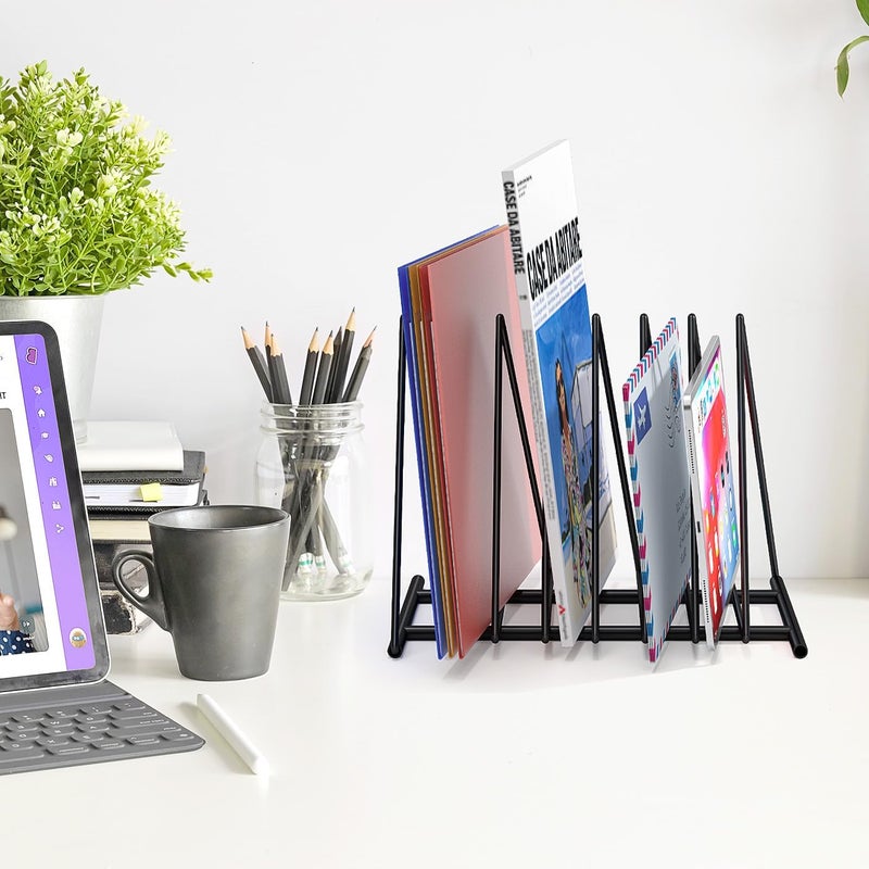 Fun storage 2 Pack Triangle Desk File Organizer, 7 Slots Metal File Sorter Magazine Holder Document Rack,Desktop Bookshelf Organizer for Office Home School,Black - Image 2